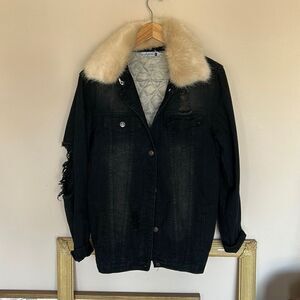 Black Denim Jeans Jacket Distressed Fax Fur Collar Womens Size Large